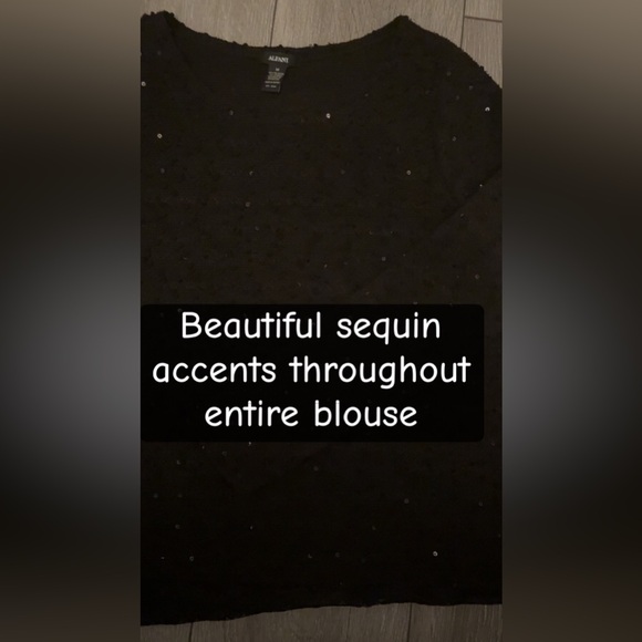 Alfani Women’s Size Medium Blouse Black Sequined Flowy Bottom Dressy Long Sleeve - Picture 5 of 5